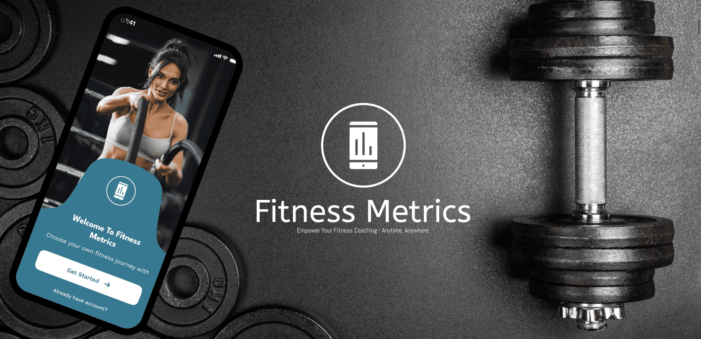 Smartphone displaying fitness app next to a dumbbell and the text 'Fitness Metrics.'