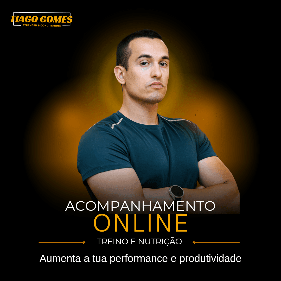 Fitness advertisement for Tiago Gomes Strength & Conditioning with text promoting online training and nutrition services.