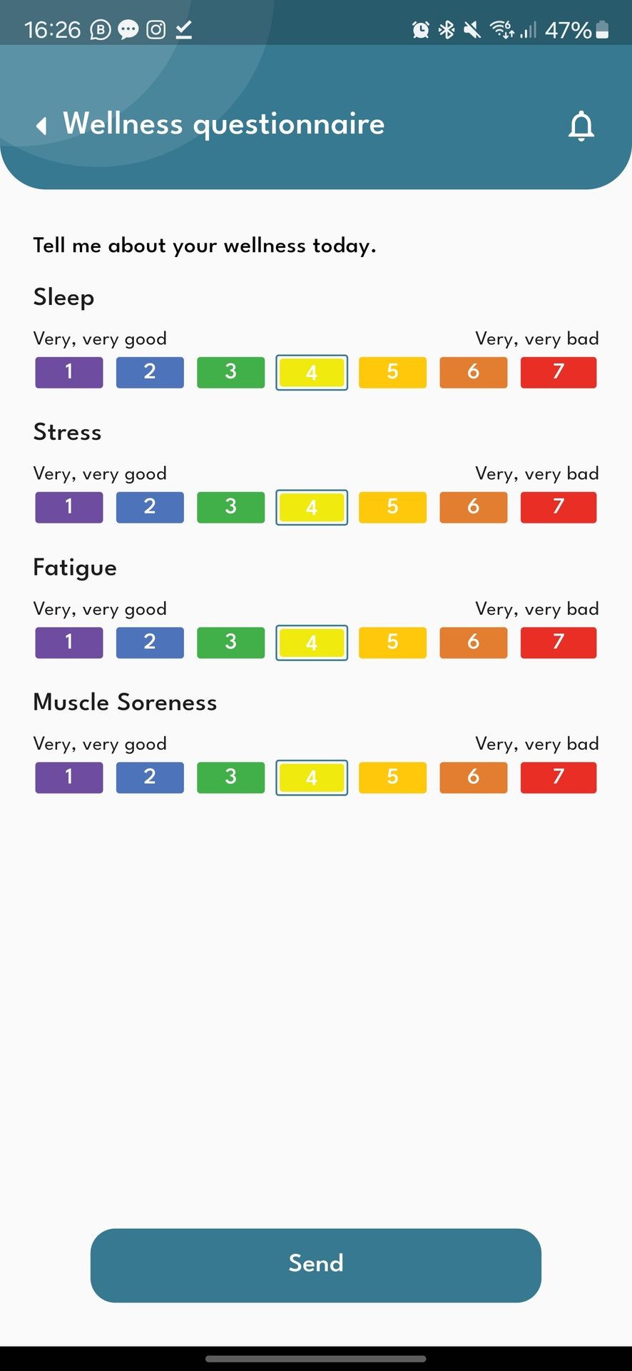 Wellness questionnaire interface with color-coded ratings for sleep, stress, fatigue, and muscle soreness.