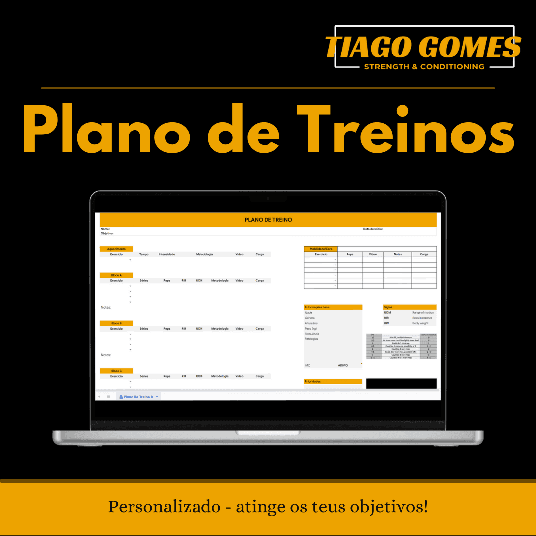 Laptop displaying a personalized workout plan (Plano de Treinos) with text promoting customized fitness goals.